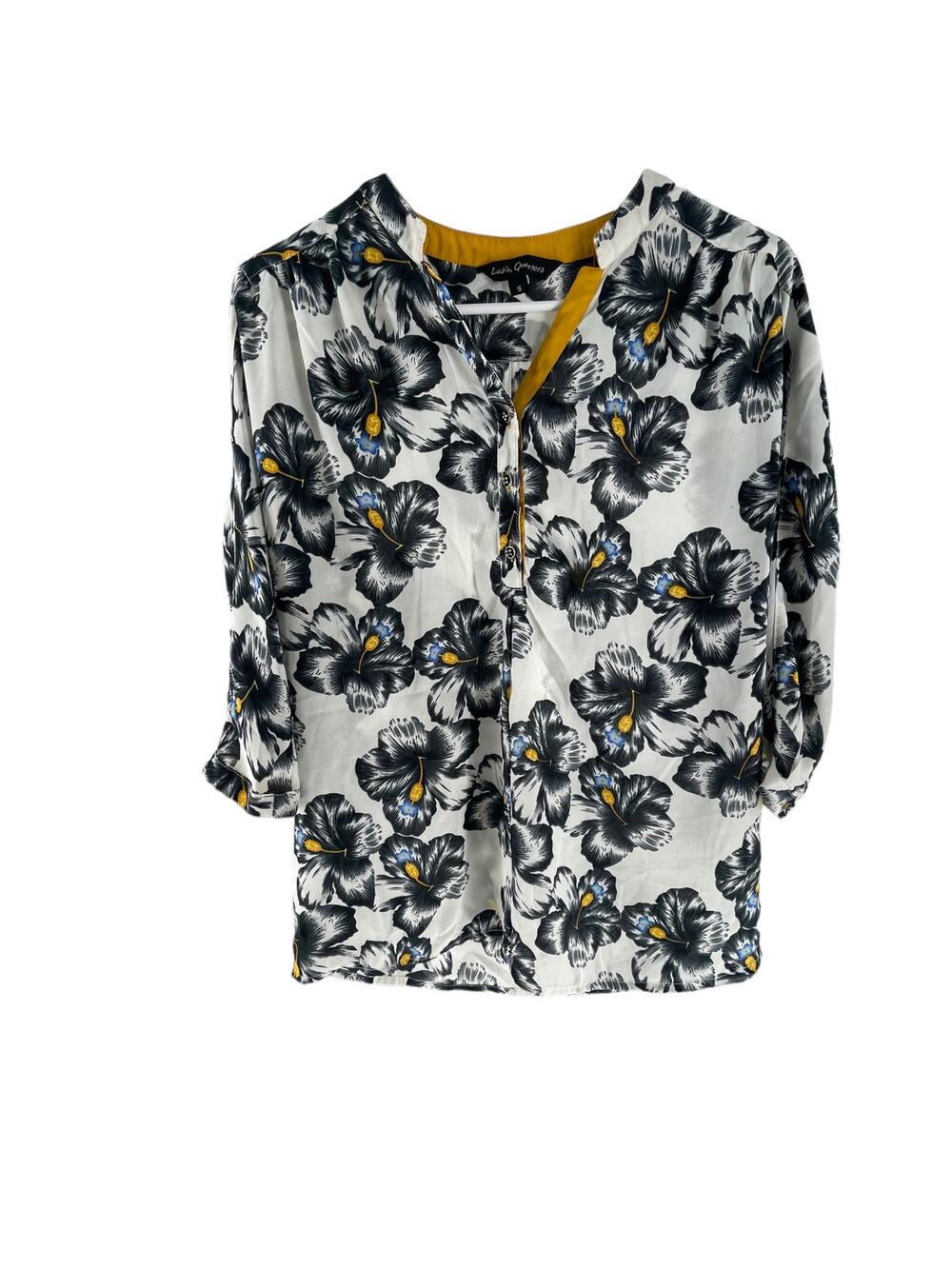 Latin Quarters Black White Floral 3/4 Sleeve Button Down Top Women's Size Small